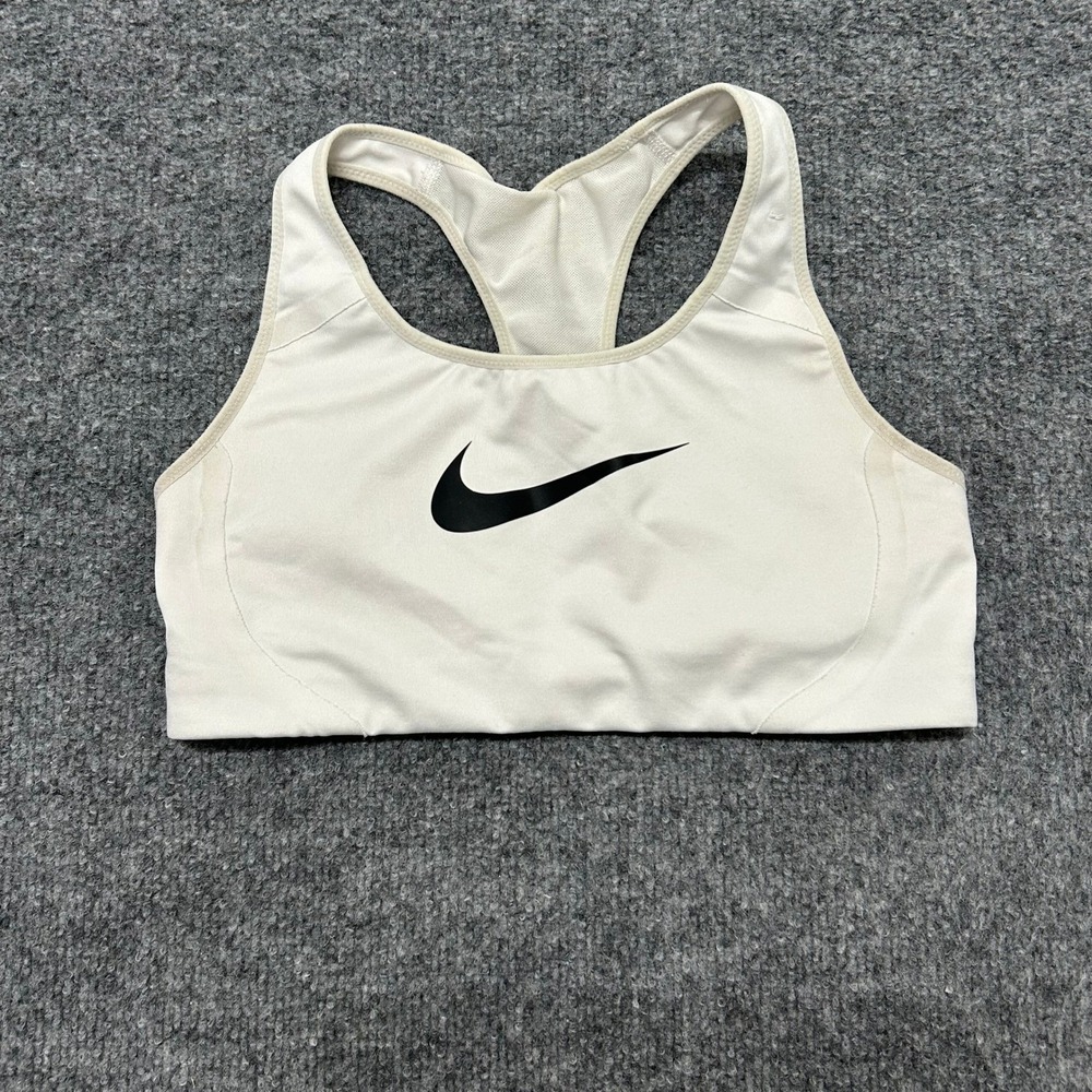 Nike Sports Bra Womens Size S White Dri-Fit Racerback Swoosh Logo Athletic Gym